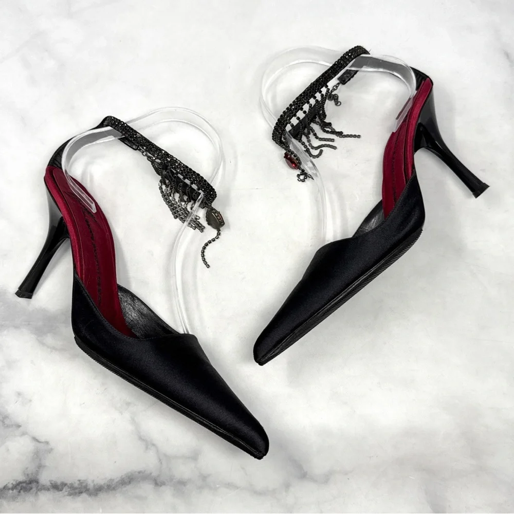 Giuseppe Zanotti Vicini Vintage Gothic Silk Pointed Toe Mule Pump Heels Black - Picture 8 of 16